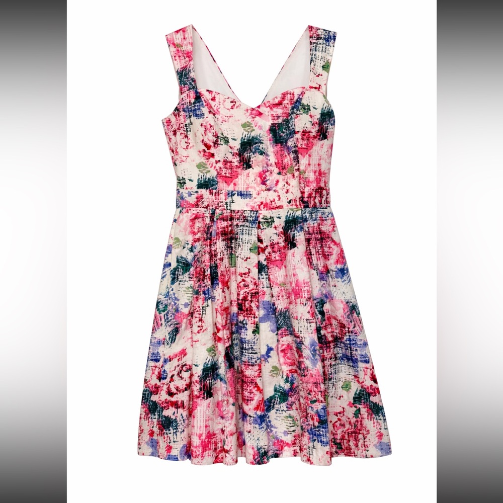 GUESS Pink & Blue Abstract Floral Fit & Flare Dress w/ Back Cutout Size 10